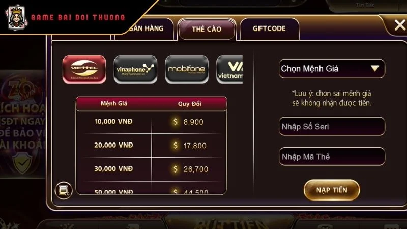 Nạp Tiền ZOWIN Quy Trình Gửi Số Dư Vào Tài Khoản Nhanh Nhất Gửi vốn cược thông qua thẻ cào